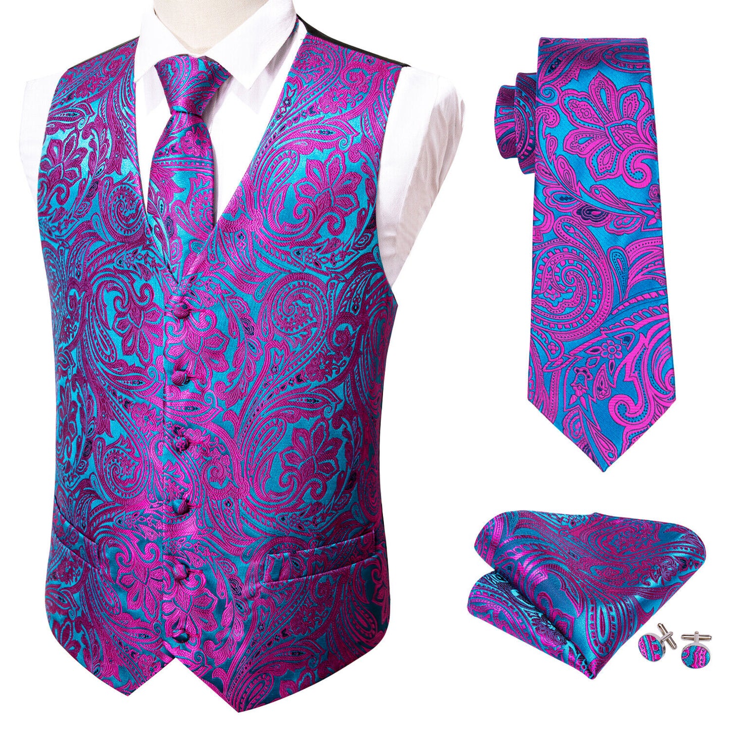 Men's Designer Waistcoat Vintage Vest Silky Set Tuxedo Gilet Purple Neon