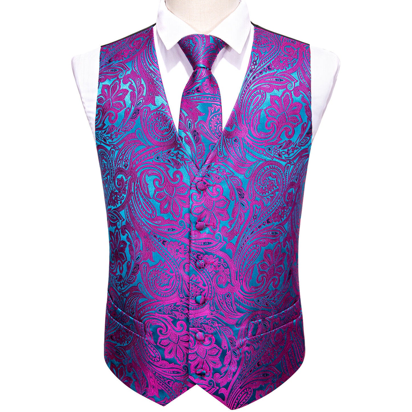 Men's Designer Waistcoat Vintage Vest Silky Set Tuxedo Gilet Purple Neon