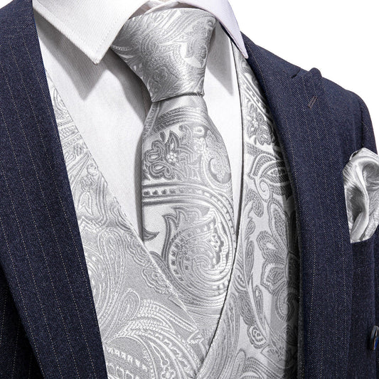 Designer Floral Waistcoat Silky Novelty Vest Damask Paisley Budhi Silver