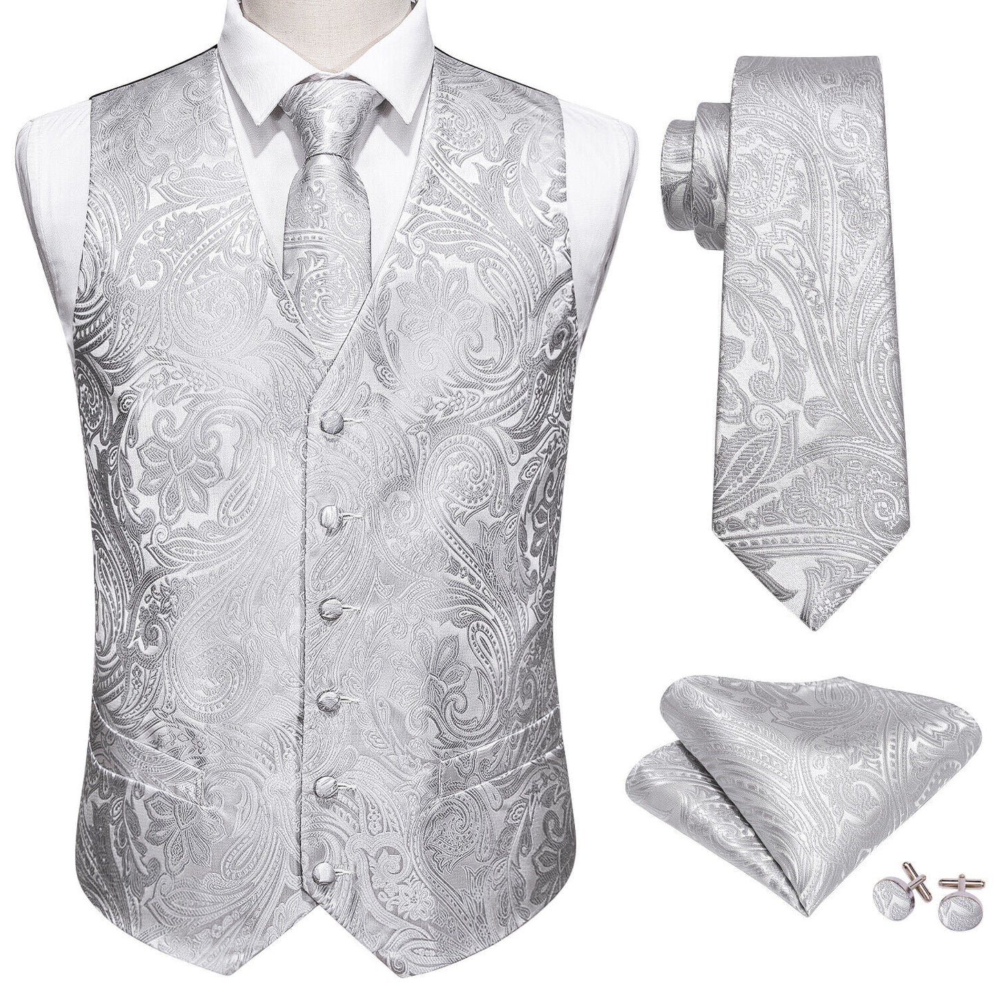 Men's Designer Waistcoat Vintage Vest Silky Set Tuxedo Gilet DP Silver