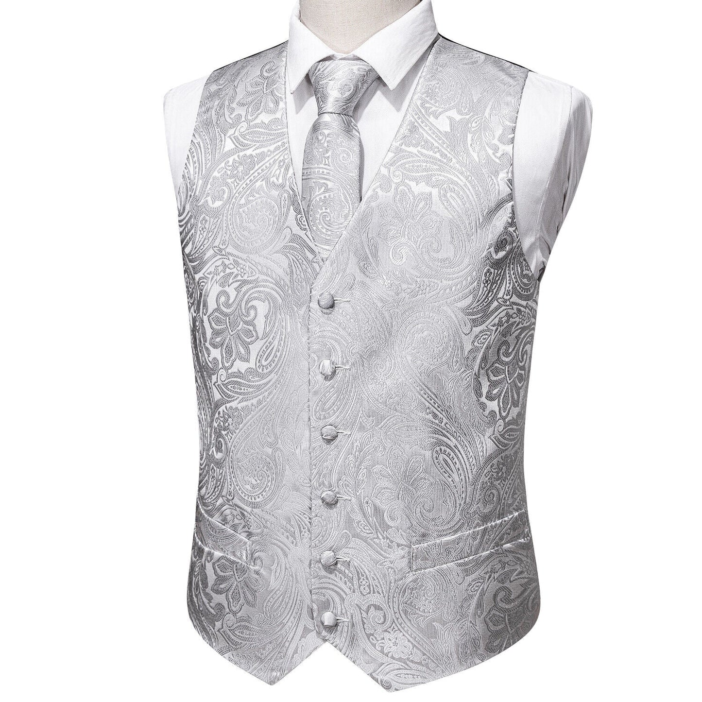 Designer Floral Waistcoat Silky Novelty Vest Damask Paisley Budhi Silver