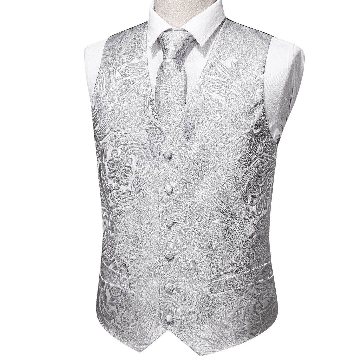 Men's Designer Waistcoat Vintage Vest Silky Set Tuxedo Gilet DP Silver