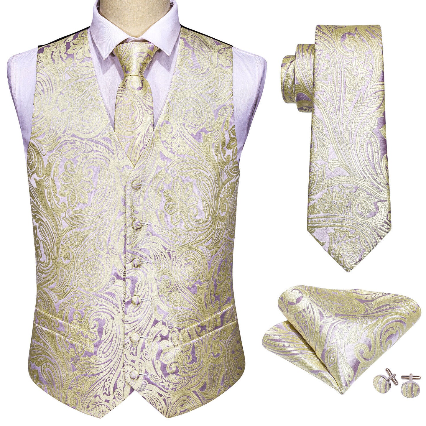 Men's Designer Waistcoat Vintage Vest Silky Set Tuxedo Gilet DP Champagne