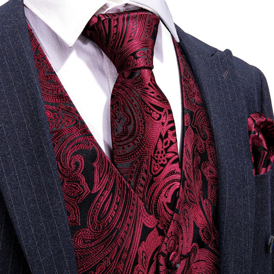 Designer Floral Waistcoat Silky Novelty Vest Damask Paisley Budhi Wine