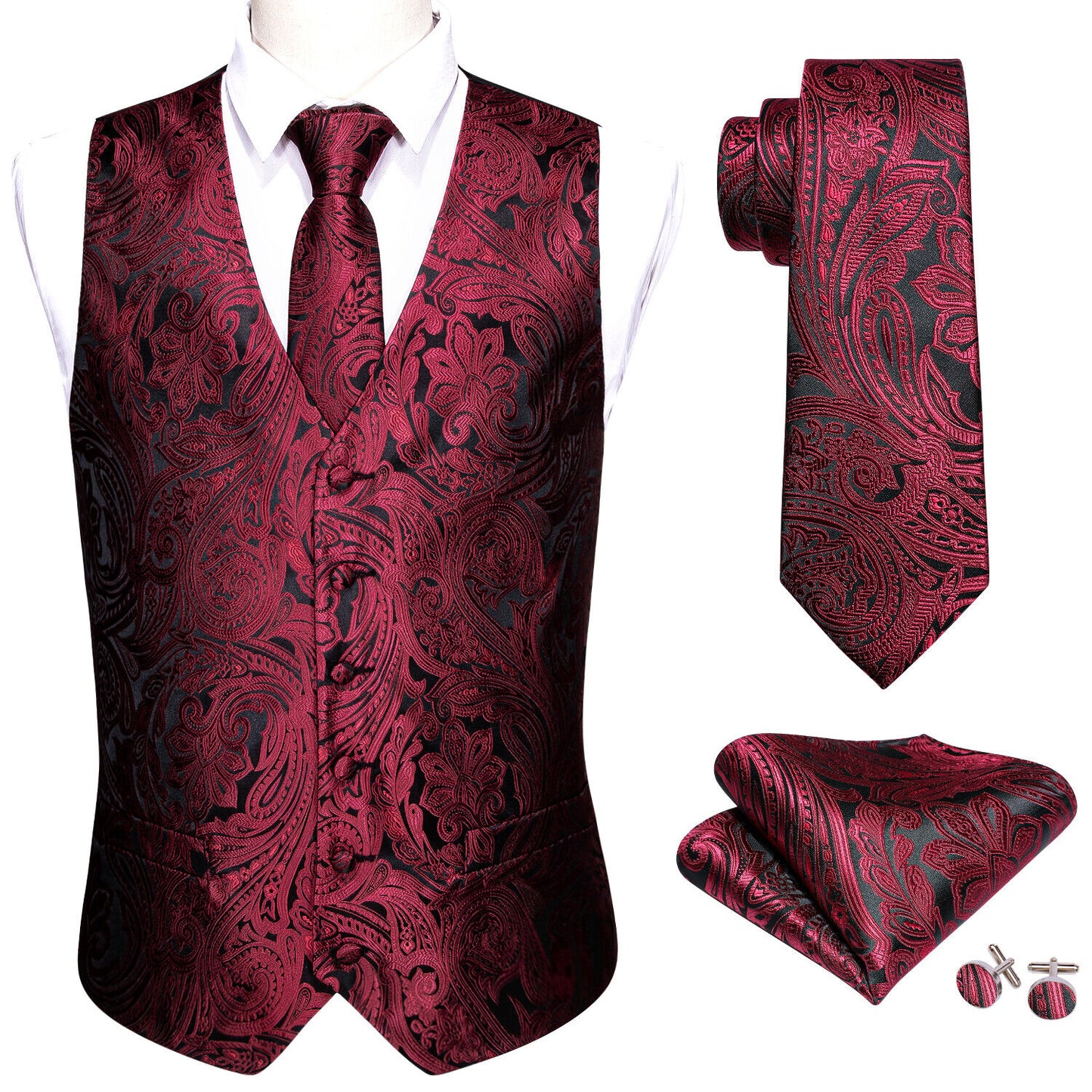 Men's Designer Waistcoat Vintage Vest Silky Set Tuxedo Gilet DP Wine