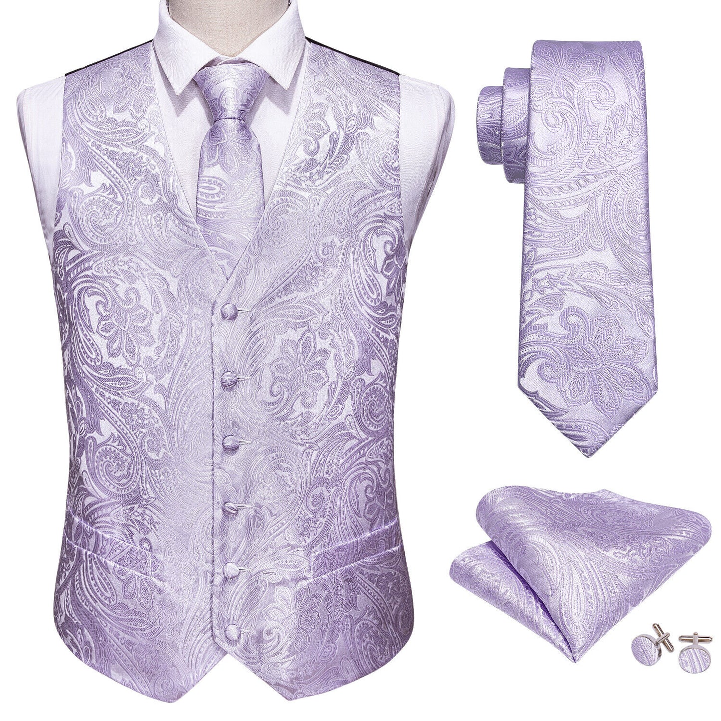 Men's Designer Waistcoat Vintage Vest Silky Set Tuxedo Gilet DP Lilac