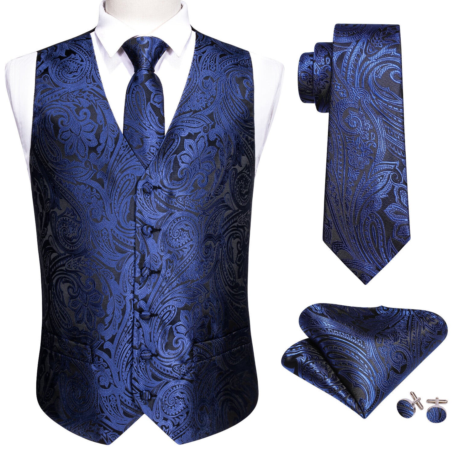 Men's Designer Waistcoat Vintage Vest Silky Set Tuxedo Gilet DP Navy