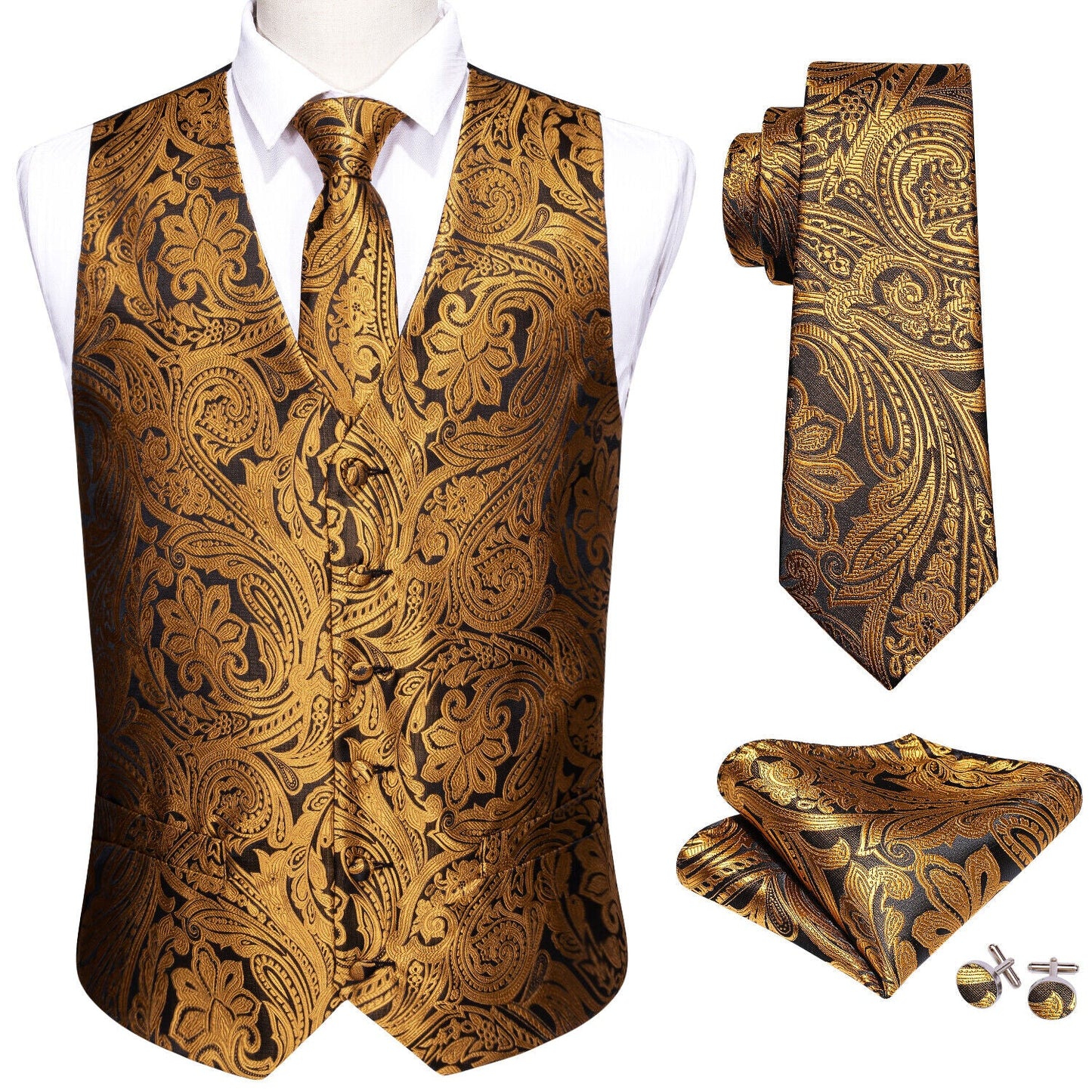 Designer Floral Waistcoat Silky Novelty Vest Damask Paisley Budhi Gold