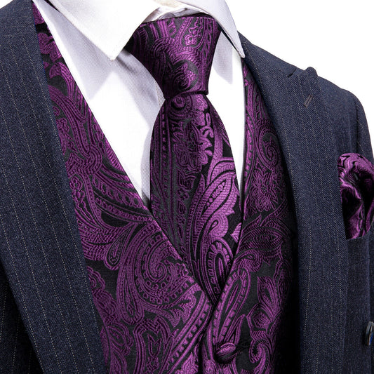 Designer Floral Waistcoat Silky Novelty Vest Damask Paisley Budhi Purple