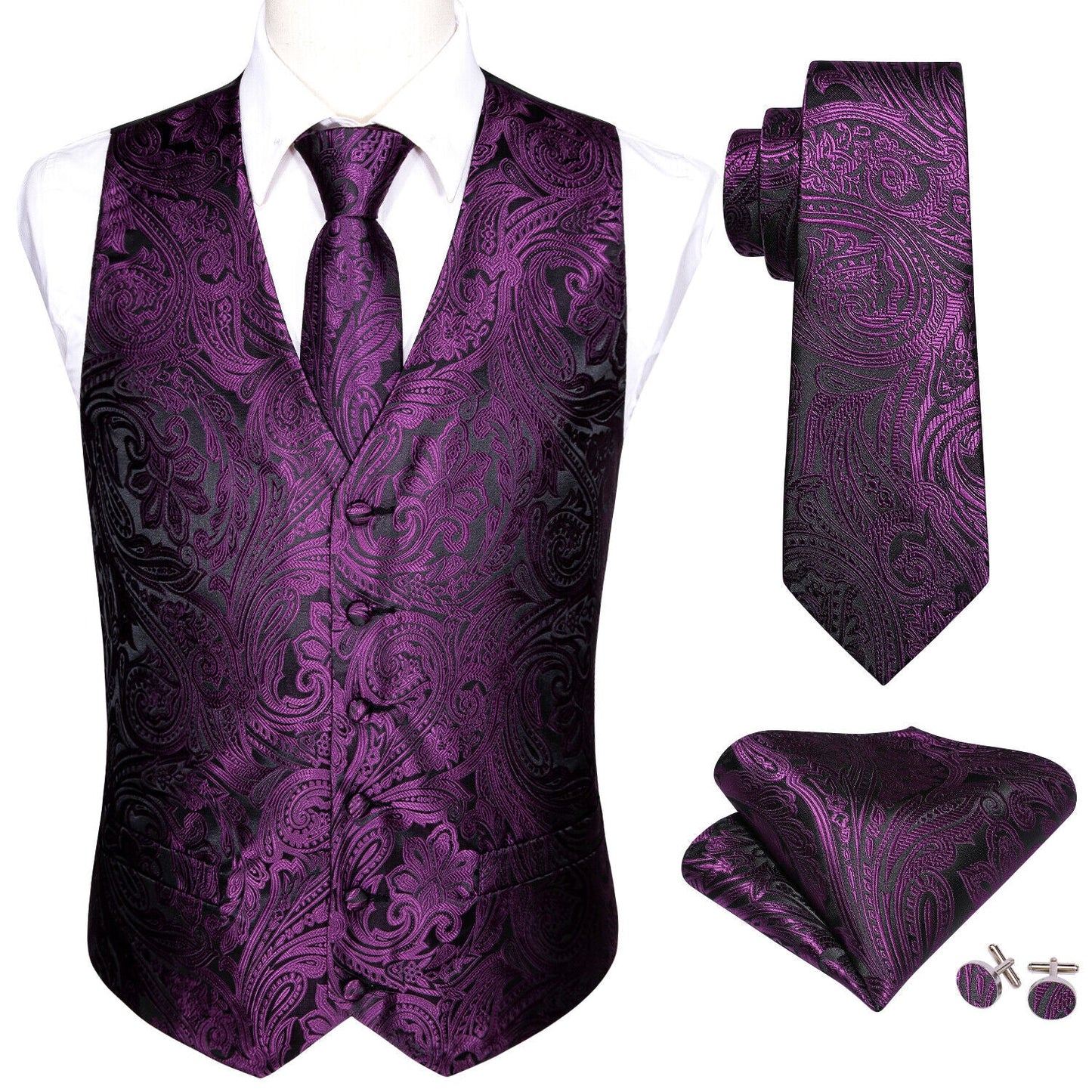 Designer Floral Waistcoat Silky Novelty Vest Damask Paisley Budhi Purple