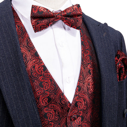 Designer Silky Waistcoat Shiny Novelty Vest Bowtie Mini Paisley Volcano