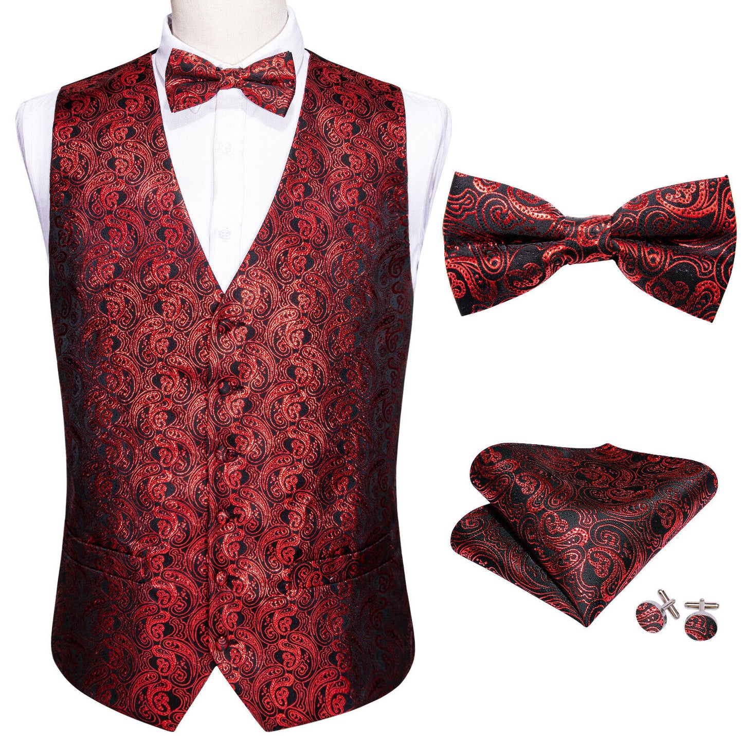 Men's Designer Waistcoat Vintage Vest Silky Set Tuxedo Gilet MP Dark Red