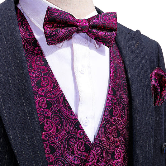 Designer Silky Waistcoat Shiny Novelty Vest Bowtie Mini Paisley Plum