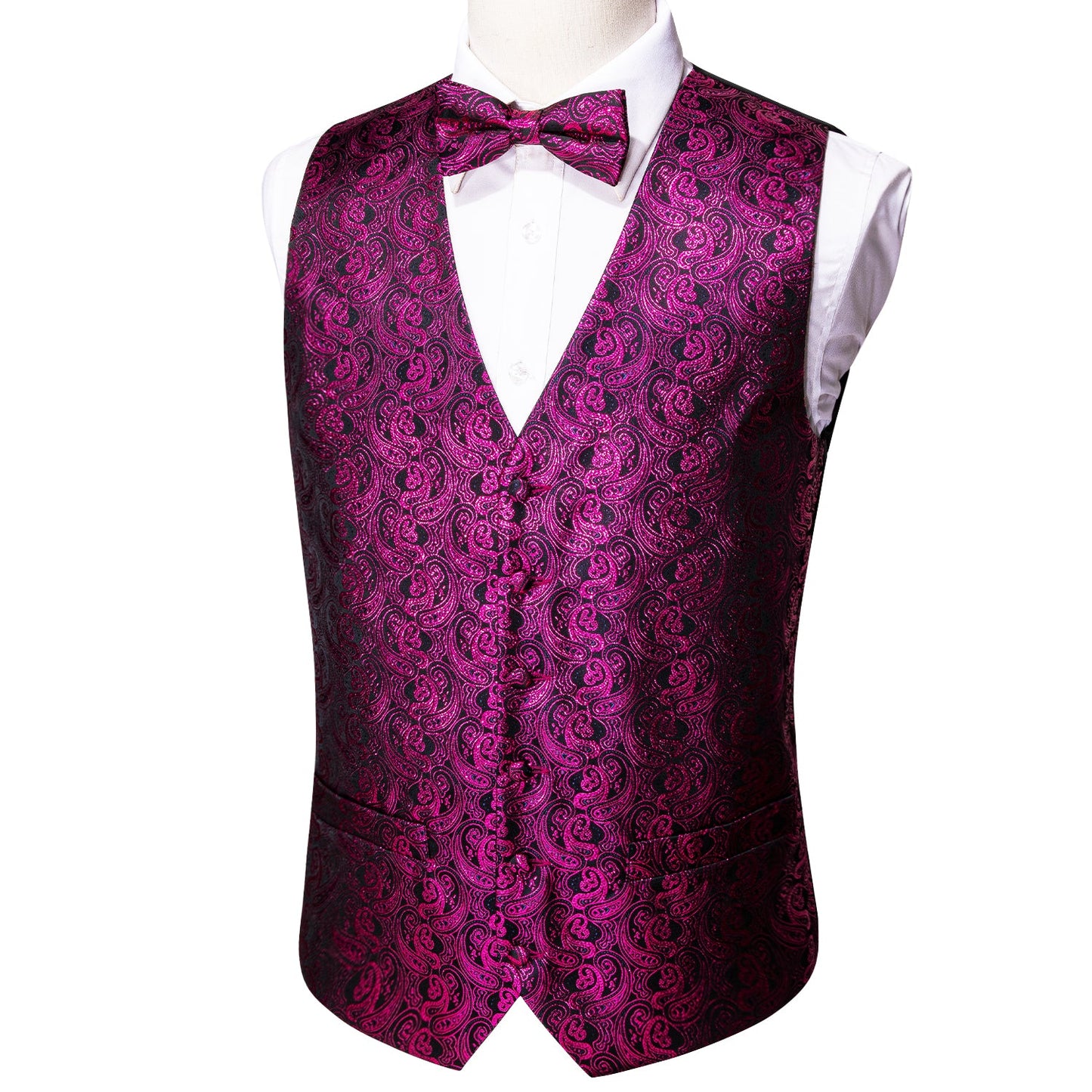 Designer Silky Waistcoat Shiny Novelty Vest Bowtie Mini Paisley Plum