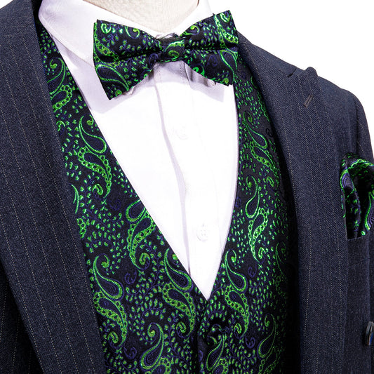 Designer Silky Waistcoat Shiny Novelty Vest Bowtie Mini Paisley Seaweed