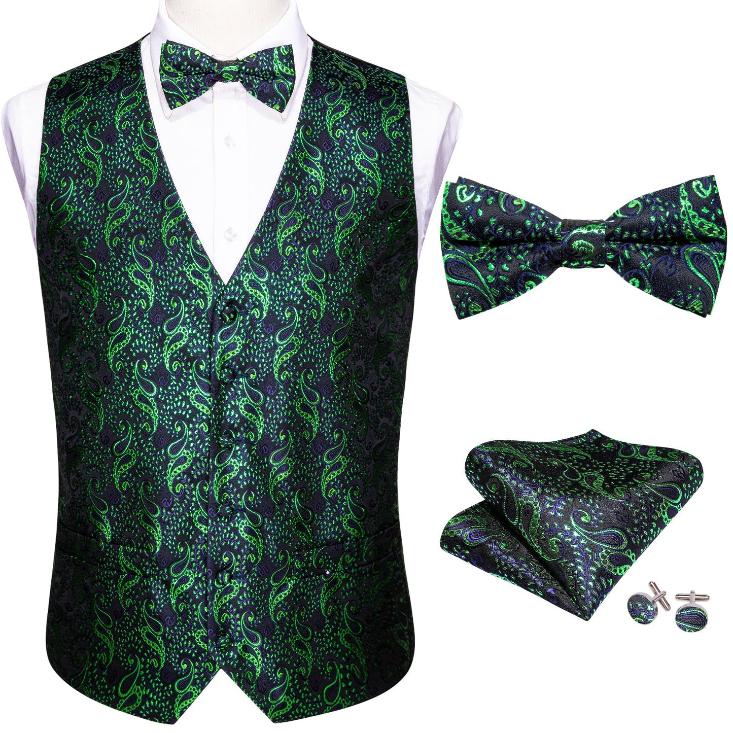 Designer Silky Waistcoat Shiny Novelty Vest Bowtie Mini Paisley Seaweed