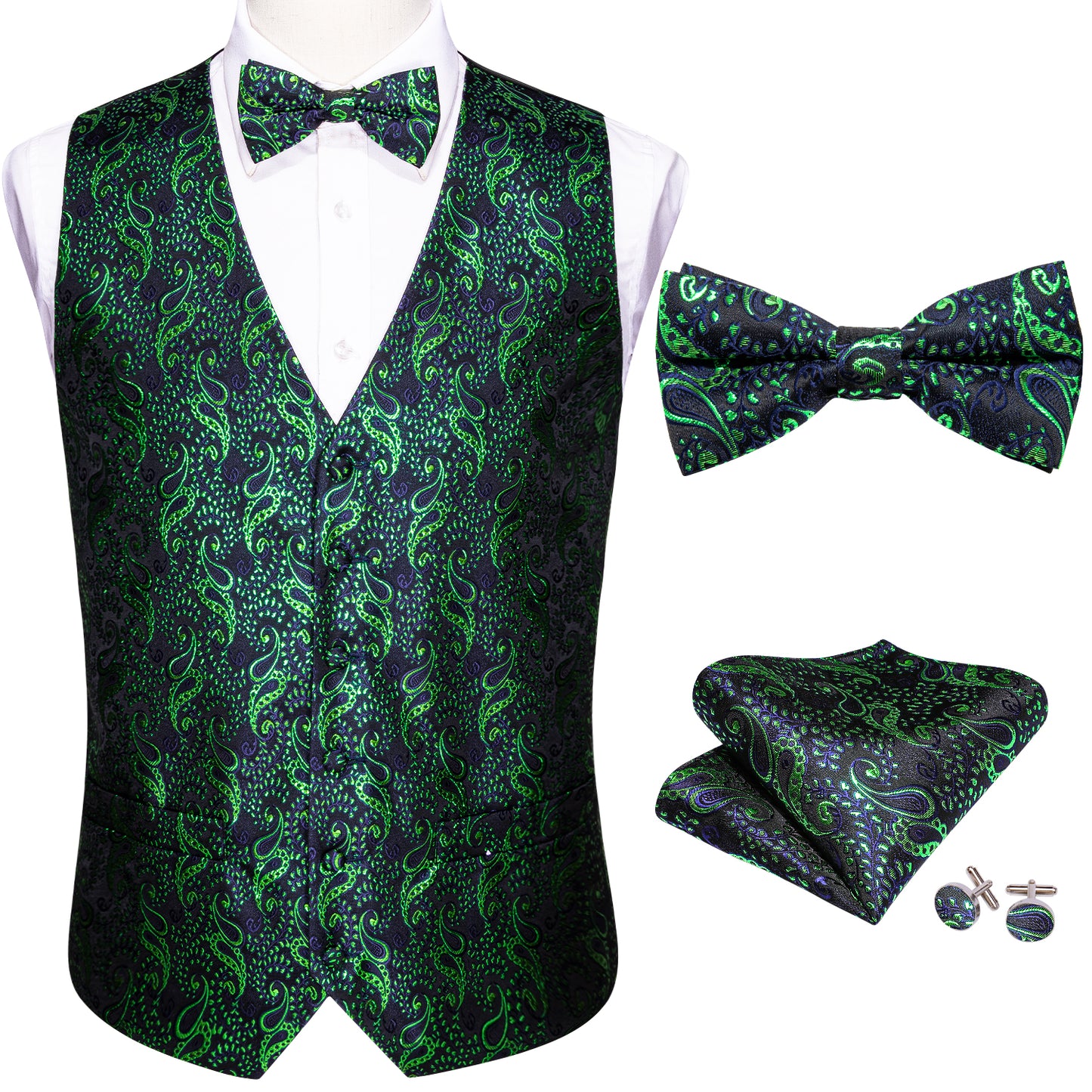 Men's Designer Waistcoat Vintage Vest Silky Set Tuxedo Gilet MP Green