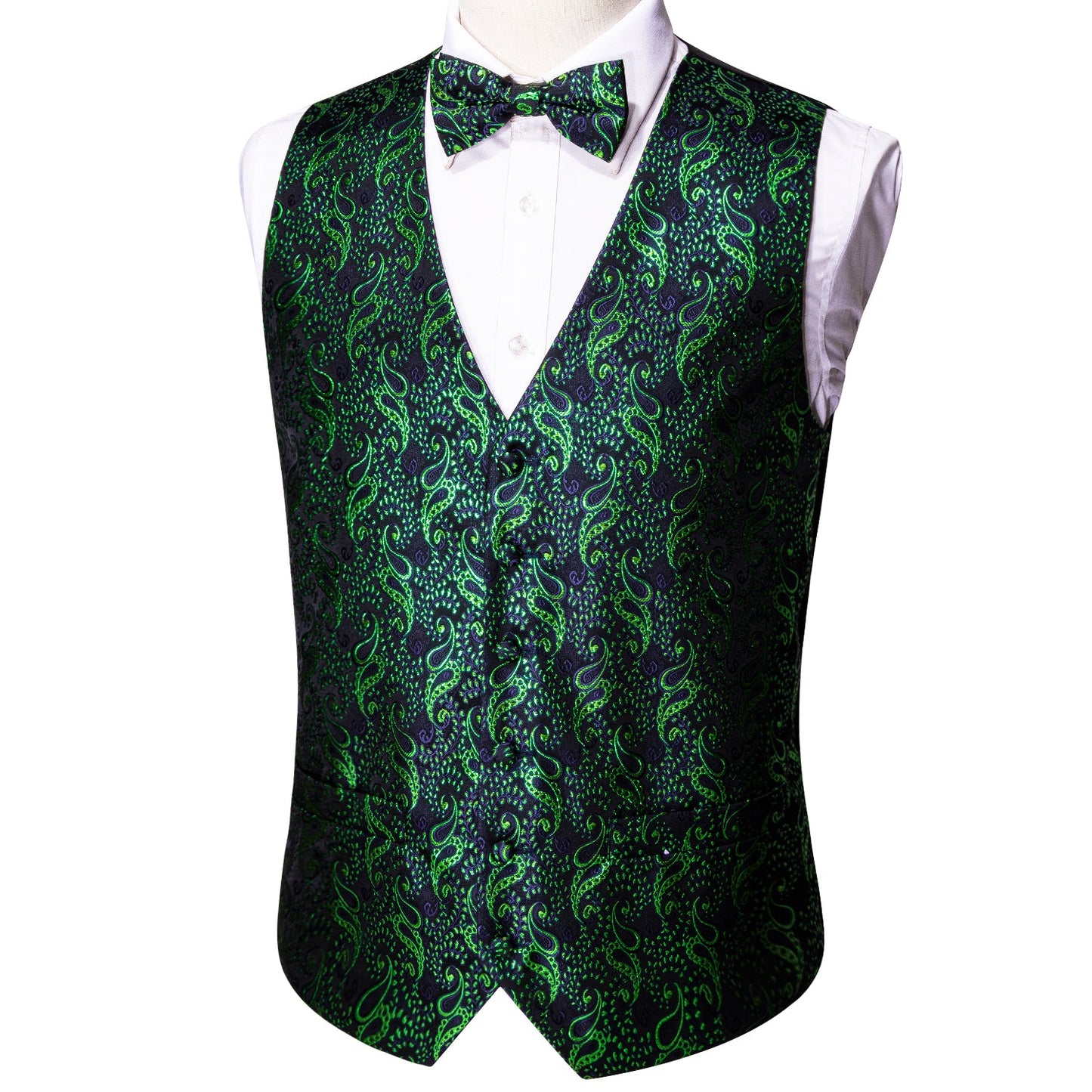 Designer Silky Waistcoat Shiny Novelty Vest Bowtie Mini Paisley Seaweed