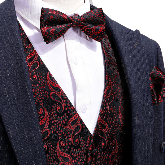 Designer Silky Waistcoat Shiny Novelty Vest Bowtie Mini Paisley Burgundy