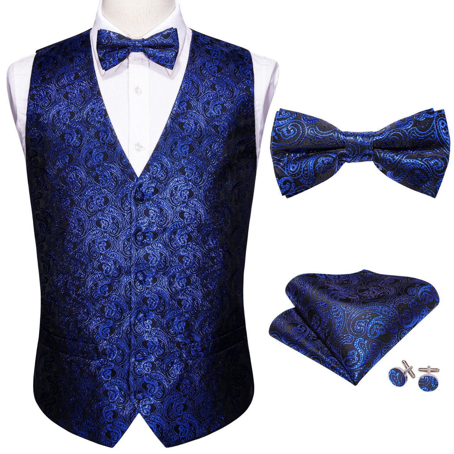 Men's Designer Waistcoat Vintage Vest Silky Set Tuxedo Gilet MP Royal Blue