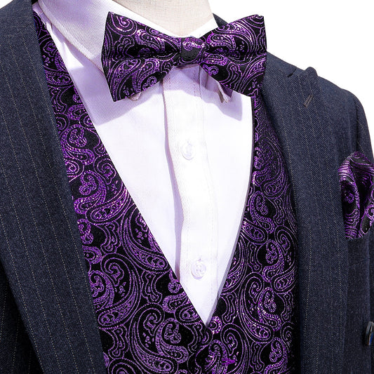 Designer Silky Waistcoat Shiny Novelty Vest Bowtie Mini Paisley Grape