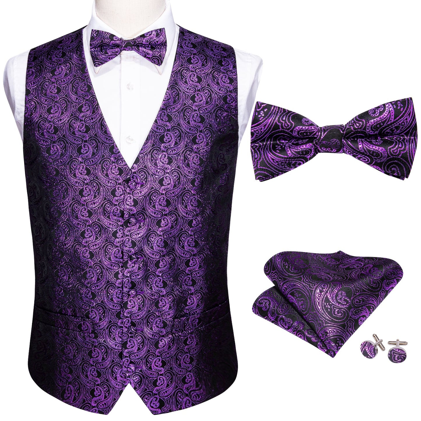 Designer Silky Waistcoat Shiny Novelty Vest Bowtie Mini Paisley Grape