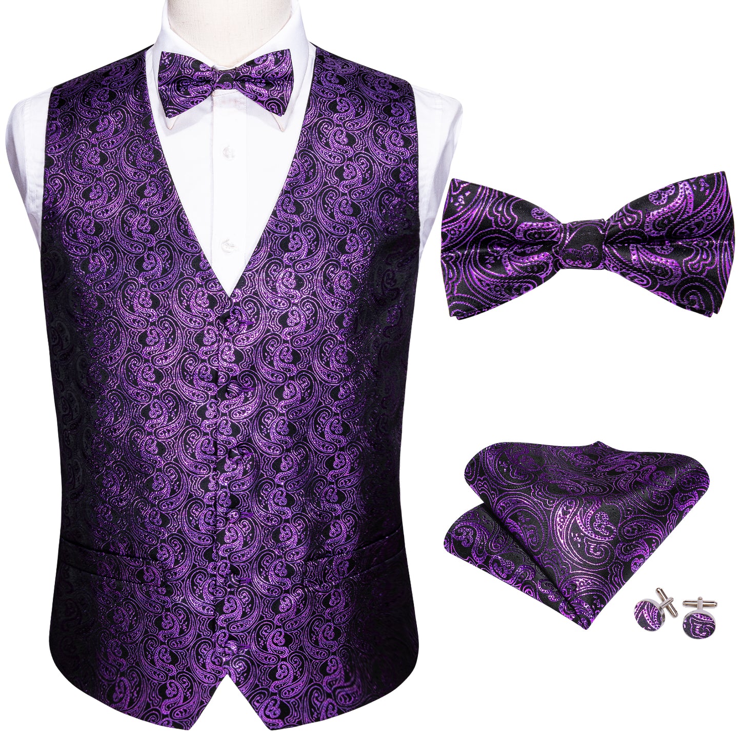 Men's Designer Waistcoat Vintage Vest Silky Set Tuxedo Gilet MP Purple