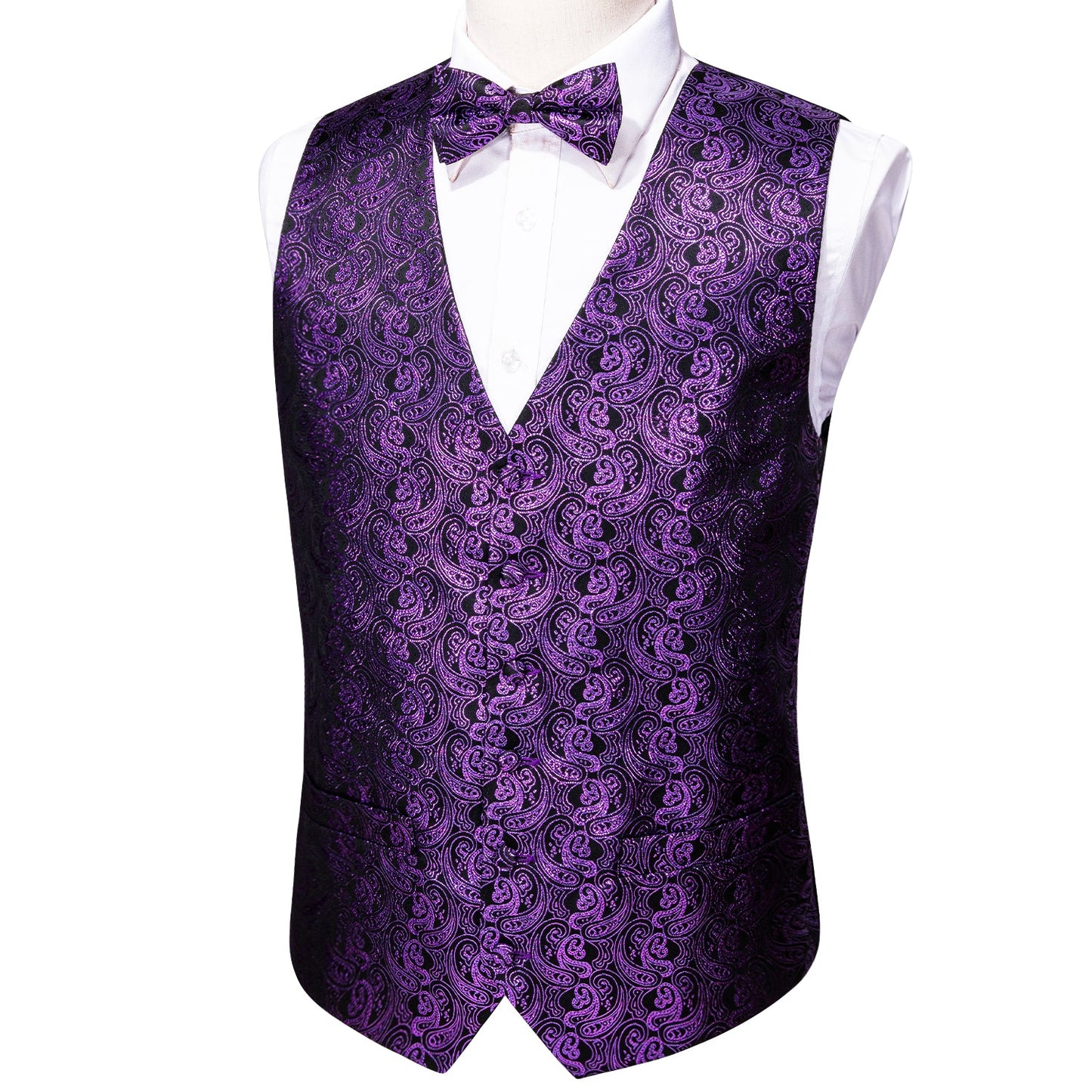 Designer Silky Waistcoat Shiny Novelty Vest Bowtie Mini Paisley Grape