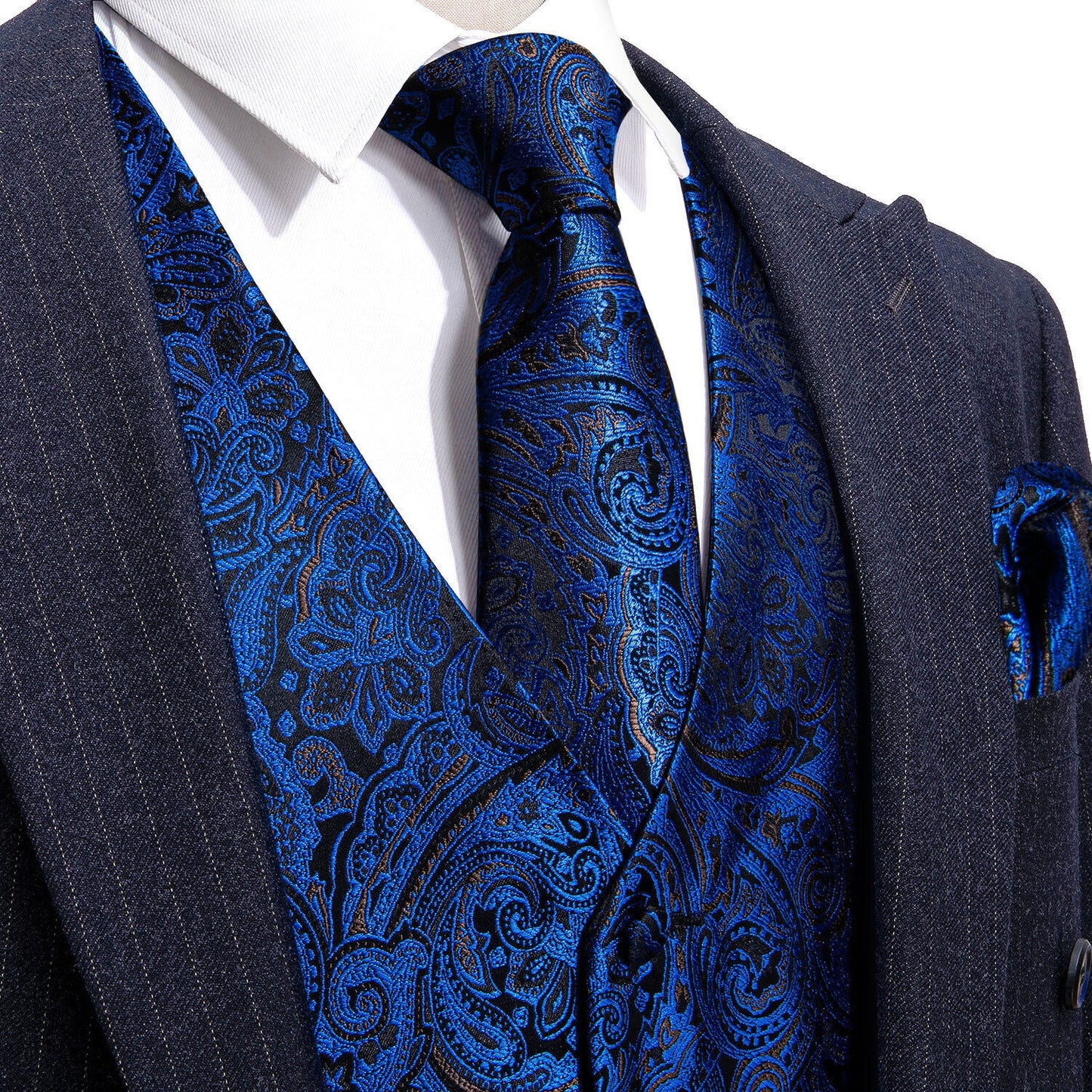 Designer Floral Waistcoat Silky Novelty Vest Damask Paisley Sea Blue