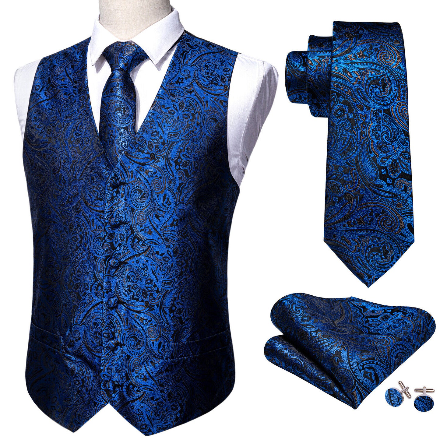 Men's Designer Waistcoat Vintage Vest Silky Set Tuxedo Gilet DP Sea Blue