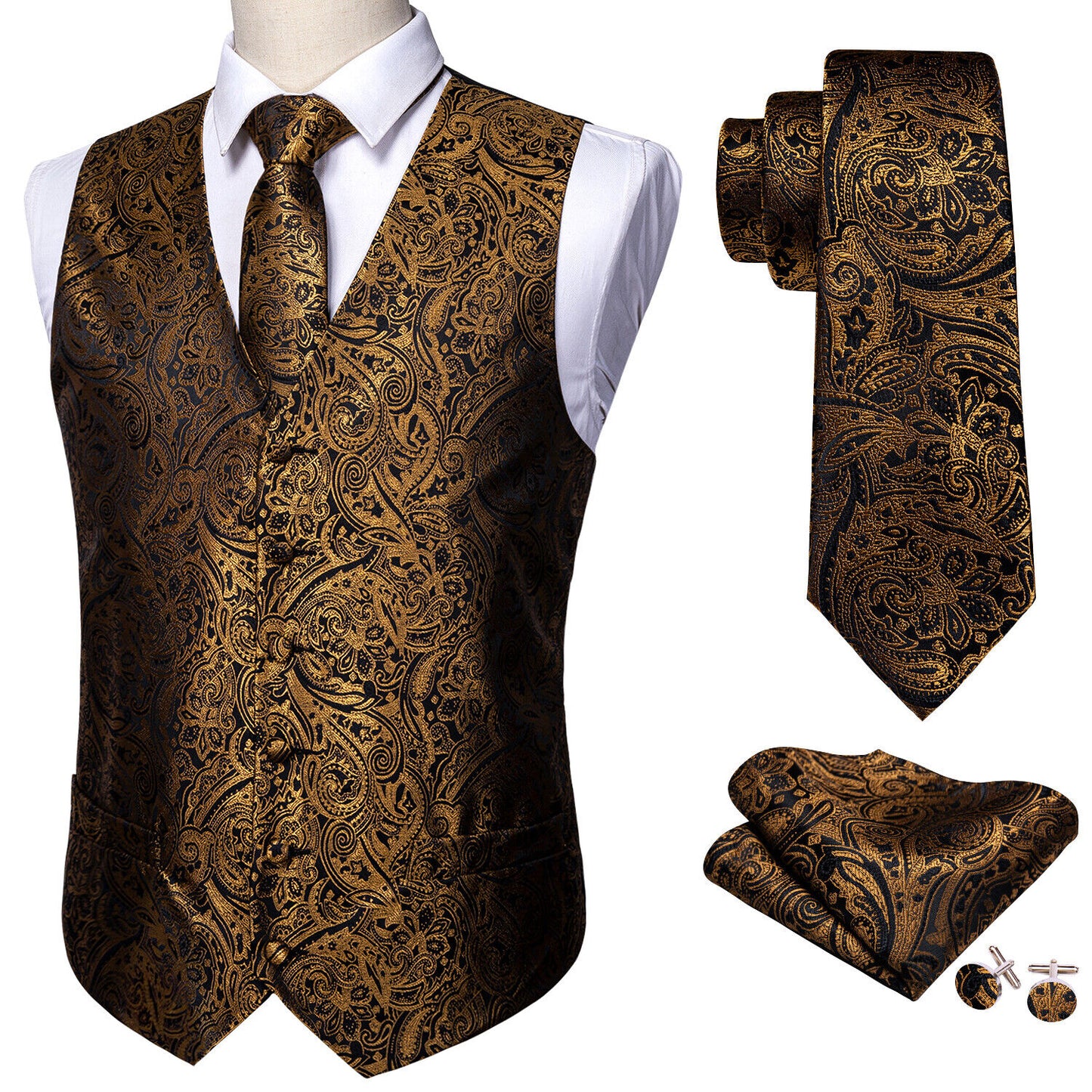 Men's Designer Waistcoat Vintage Vest Silky Set Tuxedo Gilet DP Tobacco