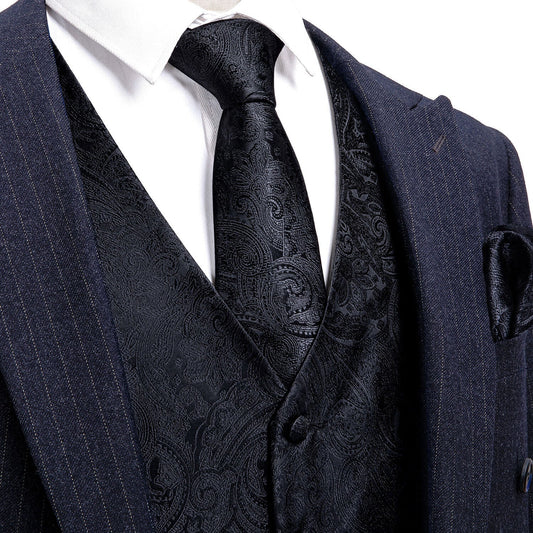 Designer Floral Waistcoat Silky Novelty Vest Damask Paisley Black