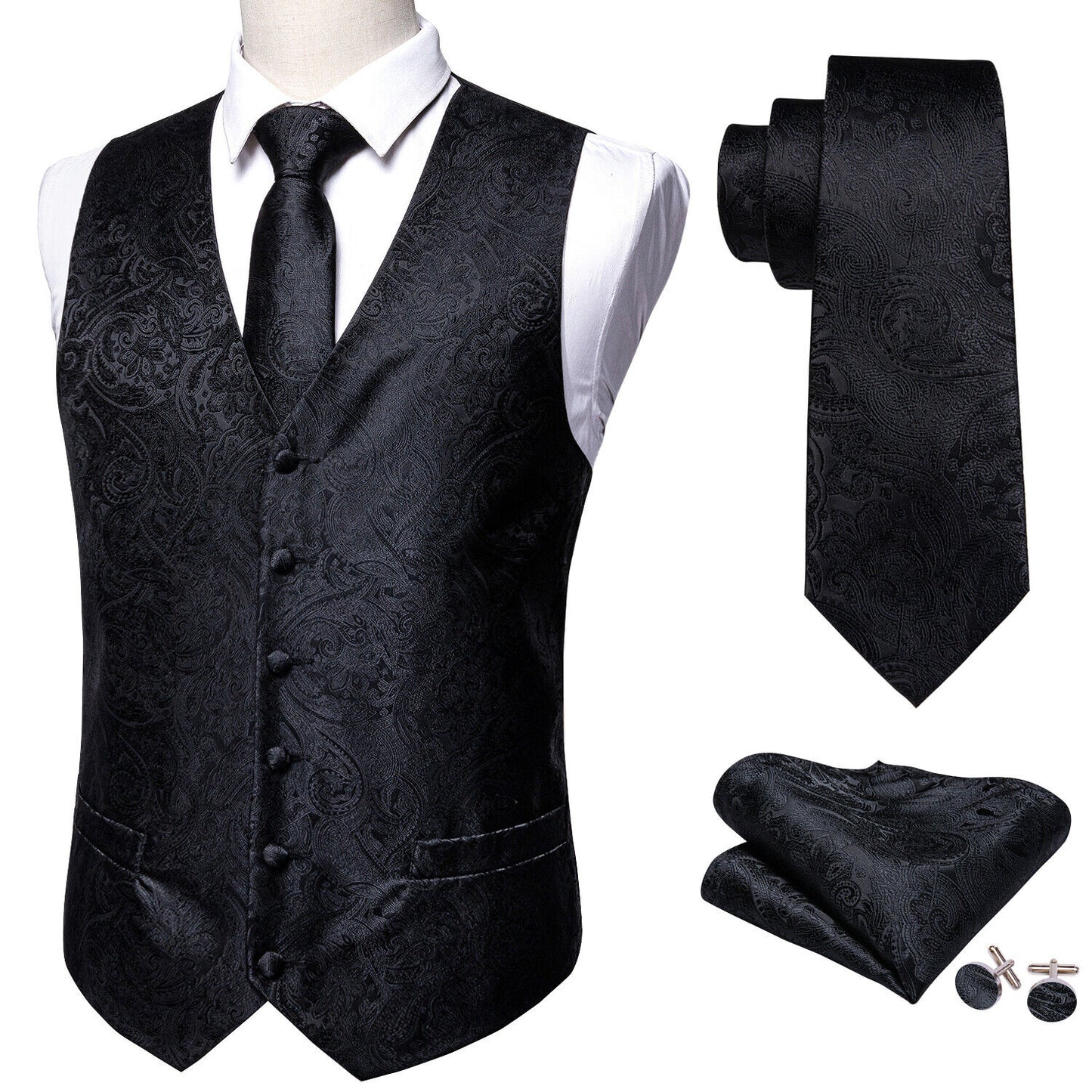 Men's Designer Waistcoat Vintage Vest Silky Set Tuxedo Gilet DP Black