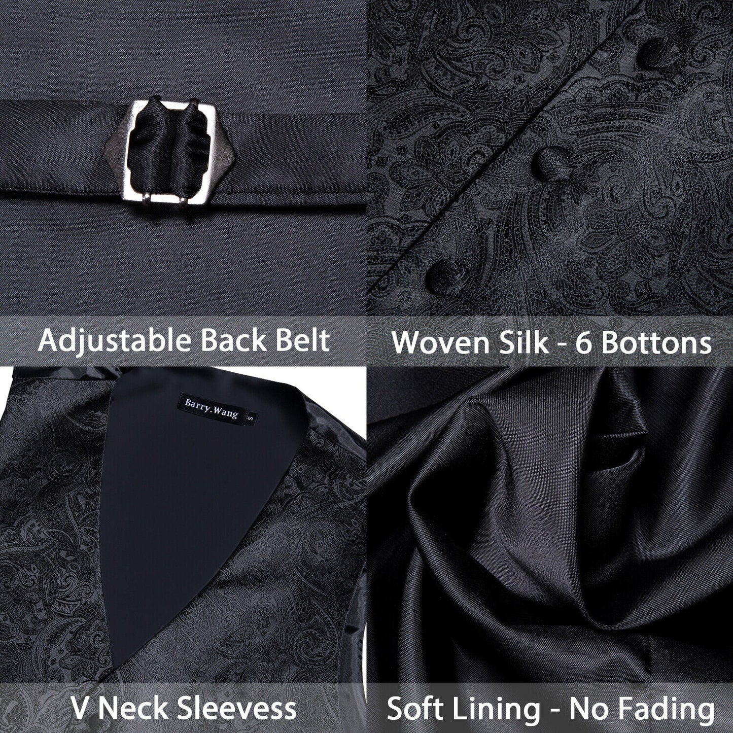 Designer Floral Waistcoat Silky Novelty Vest Damask Paisley Black