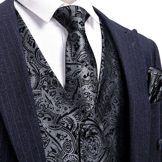 Designer Floral Waistcoat Silky Novelty Vest Damask Paisley Charcoal