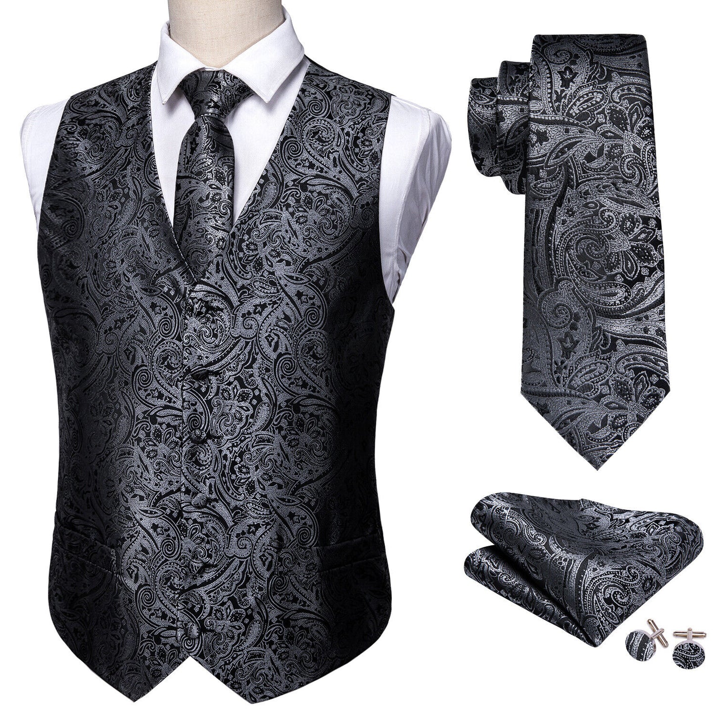 Men's Designer Waistcoat Vintage Vest Silky Set Tuxedo Gilet DP Charcoal