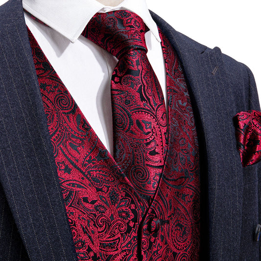 Designer Floral Waistcoat Silky Novelty Vest Damask Paisley Maroon