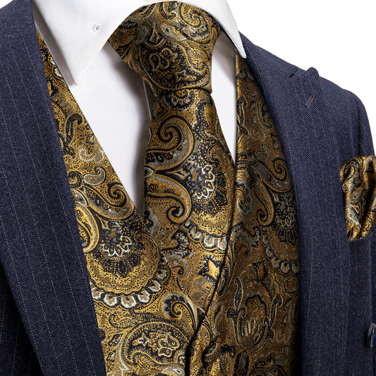 Men's Designer Waistcoat Vintage Vest Silky Set Tuxedo Gilet DP Gold Foil