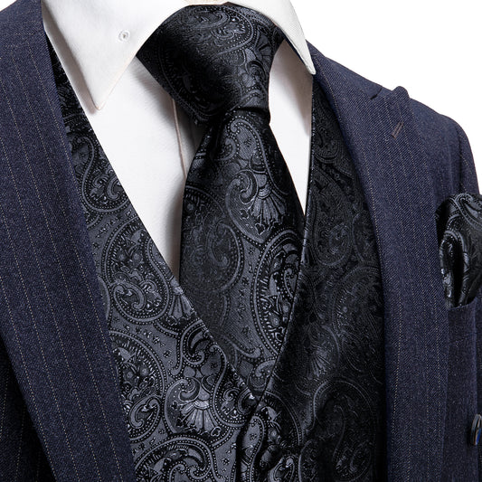 Men's Designer Waistcoat Vintage Vest Silky Set Tuxedo Gilet Paisley Black