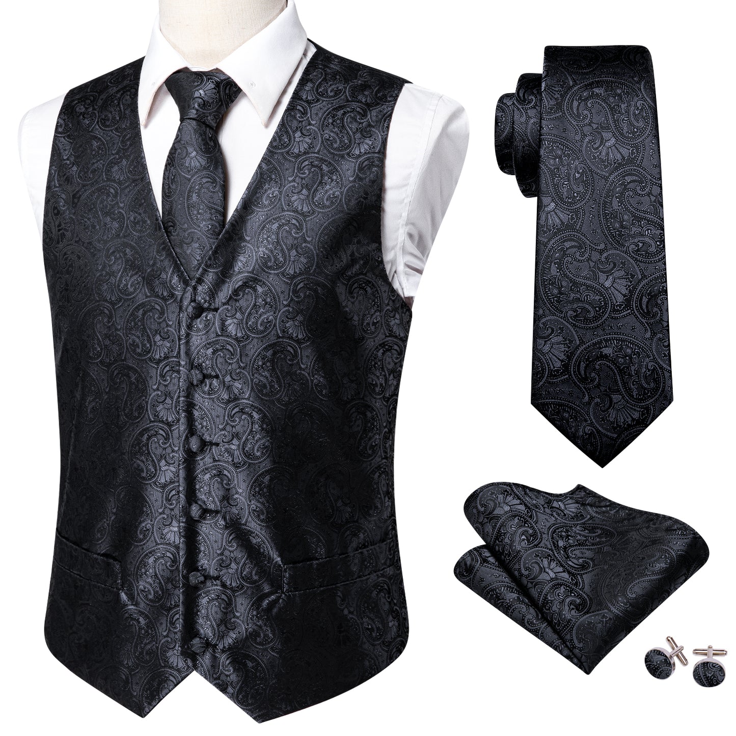 Men's Designer Waistcoat Vintage Vest Silky Set Tuxedo Gilet Paisley Black