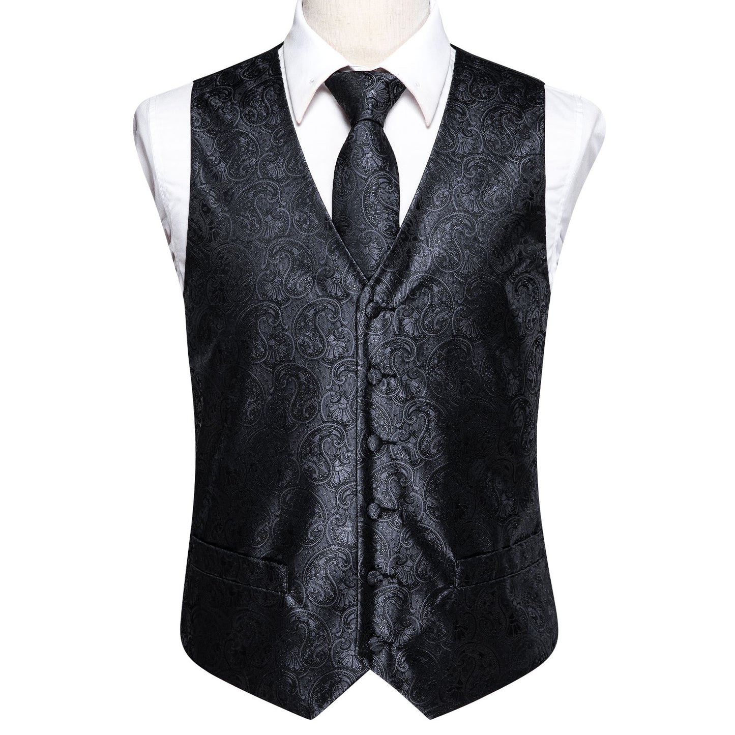 Men's Designer Waistcoat Vintage Vest Silky Set Tuxedo Gilet Paisley Black