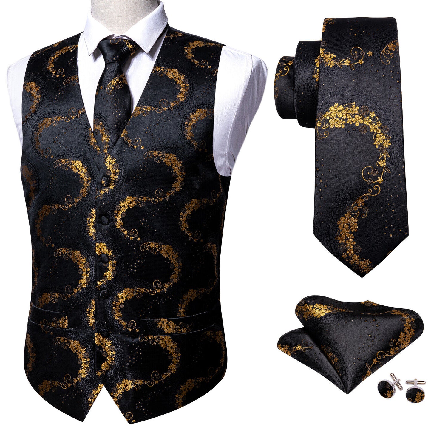 Men's Designer Waistcoat Vintage Vest Silky Set Tuxedo Gilet Golden Serpent