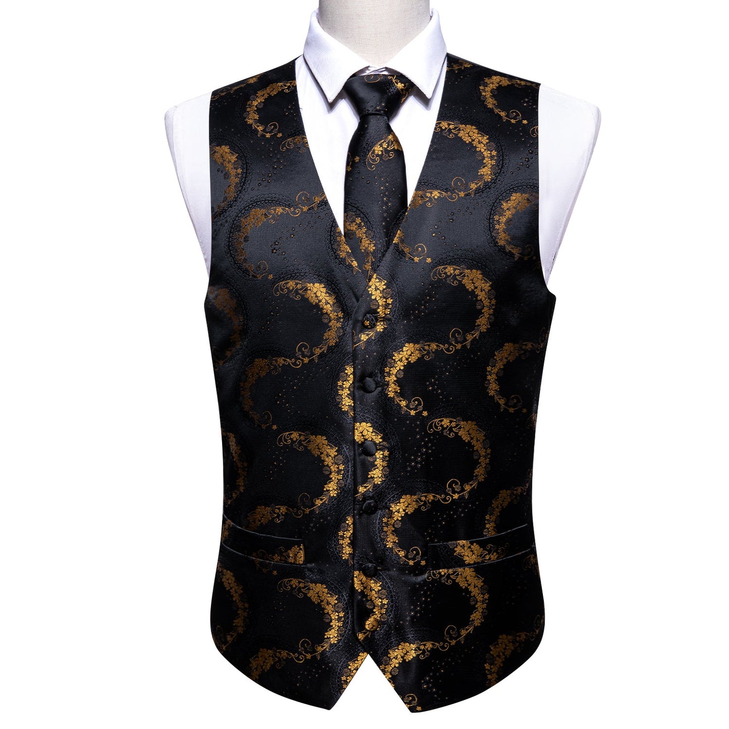 Designer Floral Waistcoat Silky Novelty Vest Golden Serpent
