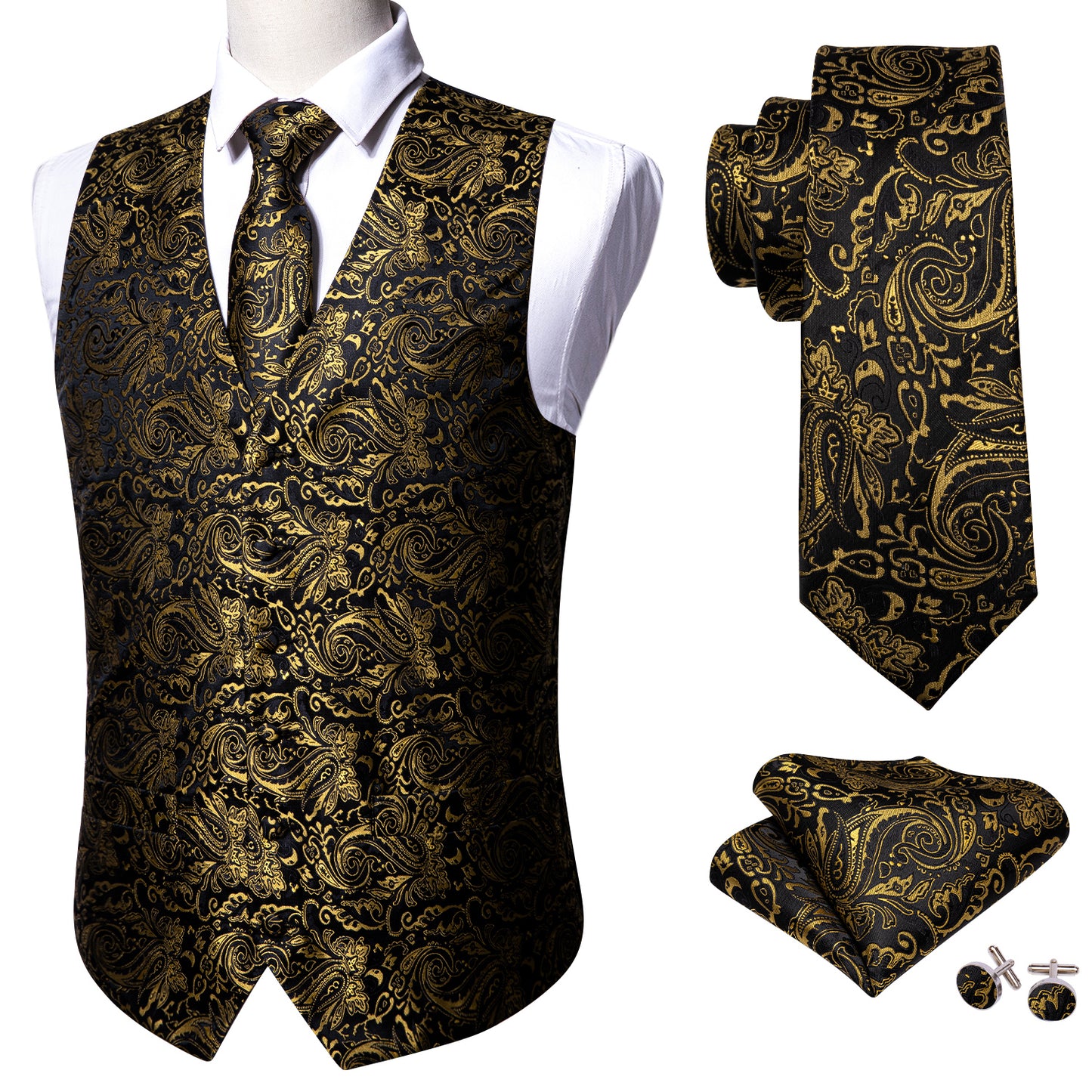 Men's Designer Waistcoat Vintage Vest Silky Set Tuxedo Gilet Paisley Tobacco