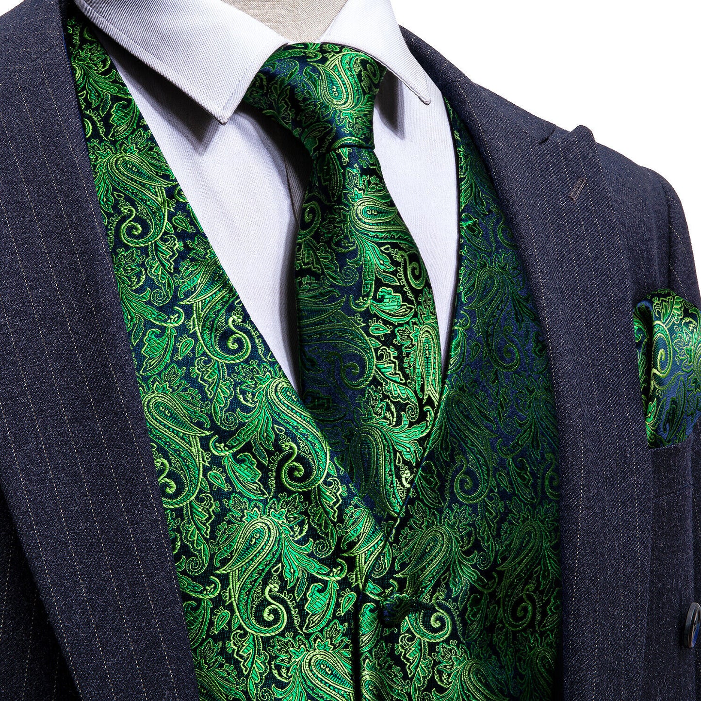 Men's Designer Waistcoat Vintage Vest Silky Set Tuxedo Gilet Paisley Green