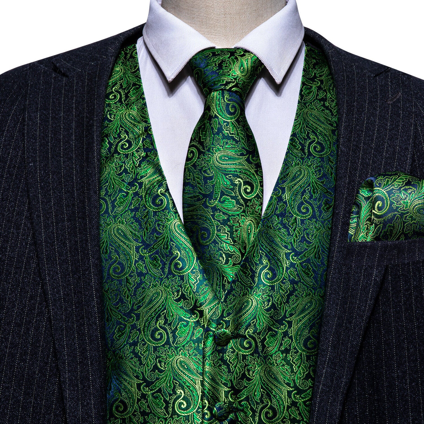 Men's Designer Waistcoat Vintage Vest Silky Set Tuxedo Gilet Paisley Green