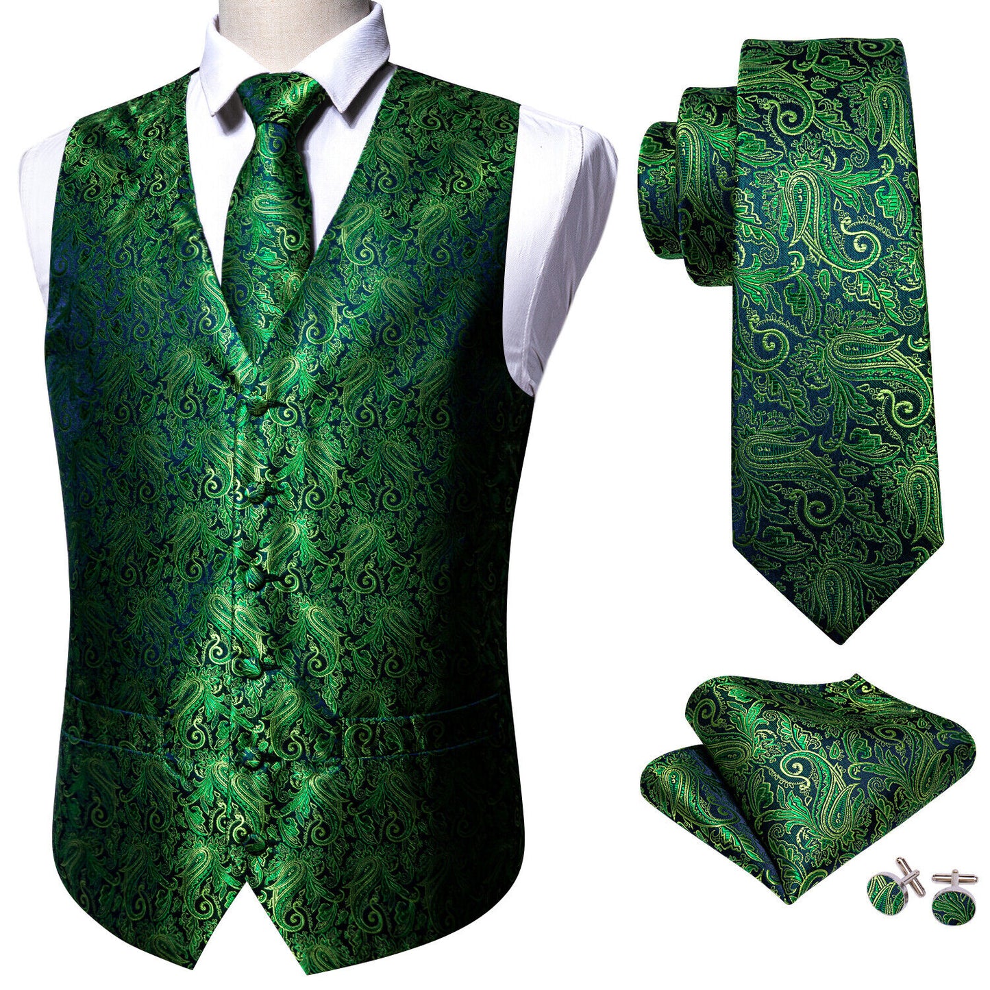 Men's Designer Waistcoat Vintage Vest Silky Set Tuxedo Gilet Paisley Green