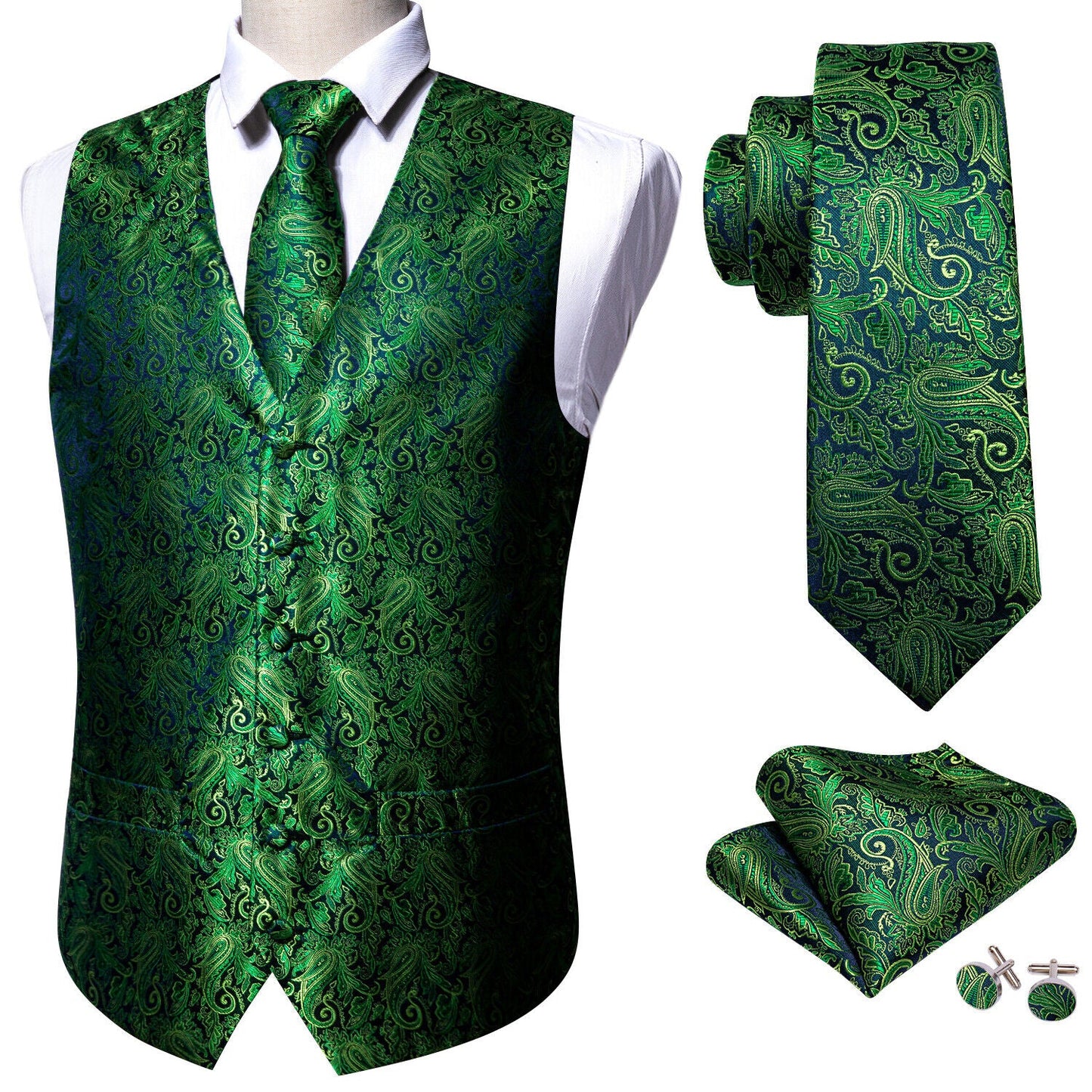 Designer Floral Waistcoat Silky Novelty Vest Paisley Green