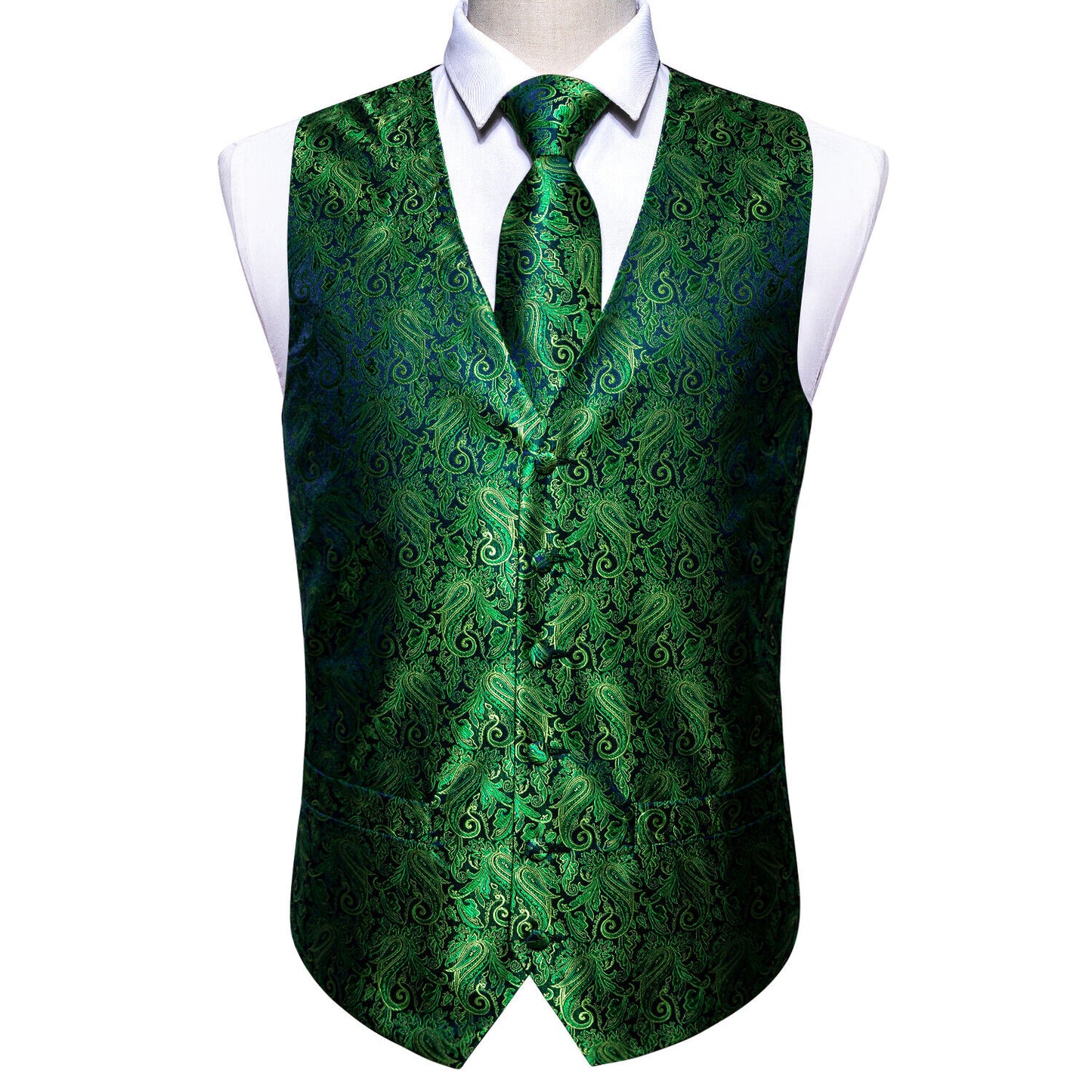 Men's Designer Waistcoat Vintage Vest Silky Set Tuxedo Gilet Paisley Green