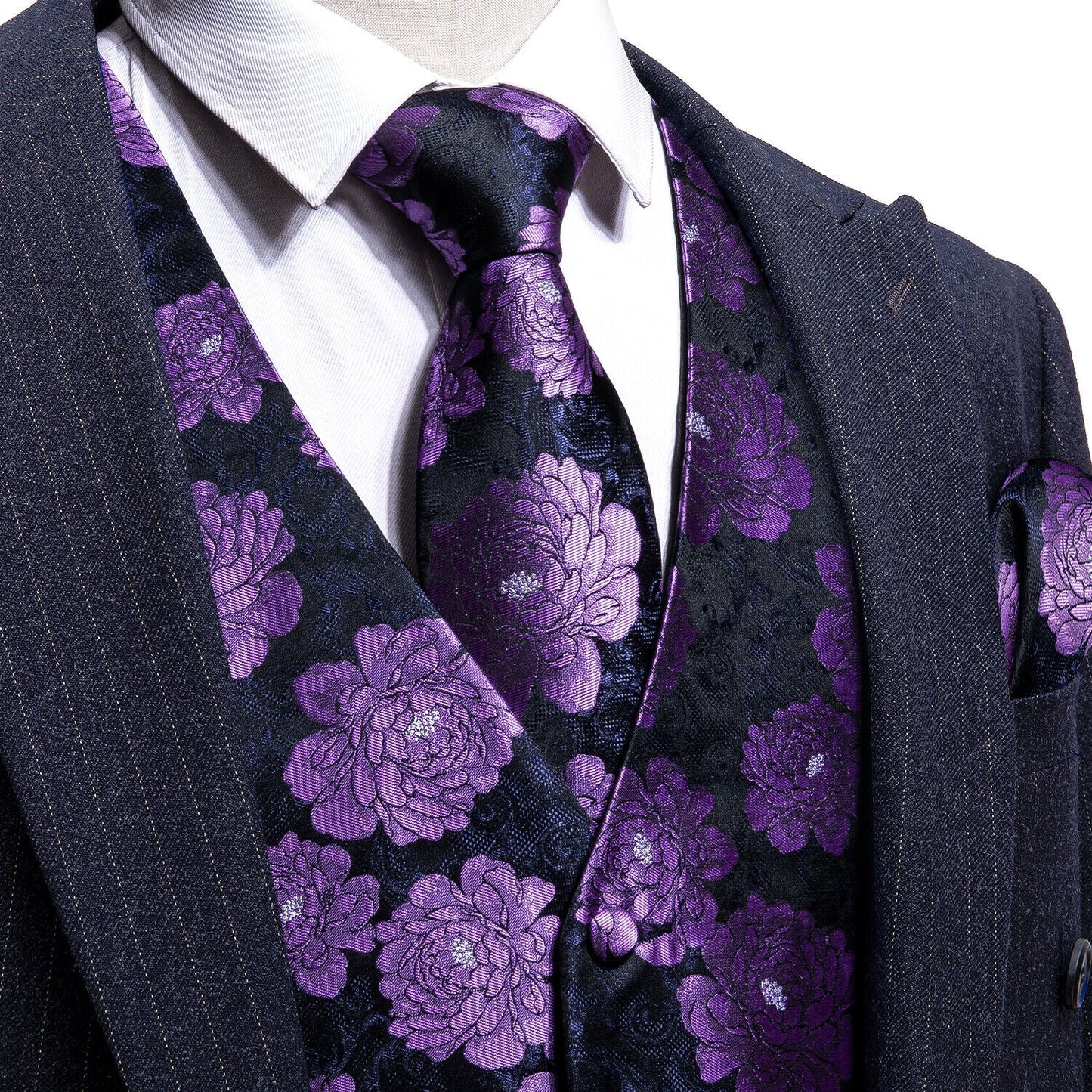 Designer Floral Waistcoat Silky Novelty Vest Anemone Black